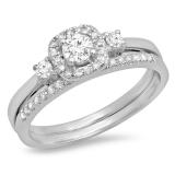 0.45 Carat (Ctw) 10K White Gold Round White Diamond Ladies 3 Stone Halo Bridal Engagement Ring With Matching Band Set