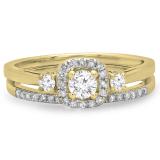 0.45 Carat (Ctw) 14K Yellow Gold Round White Diamond Ladies 3 Stone Halo Bridal Engagement Ring With Matching Band Set
