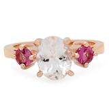 2.1 Carat (Ctw) 10K Rose Gold Oval Cut Morganite & Round Cut Pink Tourmaline Ladies Bridal 3 Stone Engagement Ring