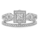 0.40 Carat (Ctw) 10k White Gold Princess & Round Diamond Ladies Bridal Engagement Ring Matching Band Set 1/2 CT