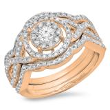 0.90 Carat (Ctw) 10K Rose Gold Round Cut White Diamond Ladies Swirl Bridal Split Shank Halo Engagement Ring With Matching Band Set 1 CT