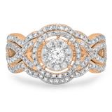 0.90 Carat (Ctw) 10K Rose Gold Round Cut White Diamond Ladies Swirl Bridal Split Shank Halo Engagement Ring With Matching Band Set 1 CT