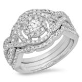 0.90 Carat (Ctw) 14K White Gold Round Cut White Diamond Ladies Swirl Bridal Split Shank Halo Engagement Ring With Matching Band Set 1 CT