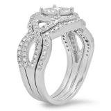 0.90 Carat (Ctw) 14K White Gold Round Cut White Diamond Ladies Swirl Bridal Split Shank Halo Engagement Ring With Matching Band Set 1 CT