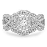 0.90 Carat (Ctw) 14K White Gold Round Cut White Diamond Ladies Swirl Bridal Split Shank Halo Engagement Ring With Matching Band Set 1 CT