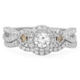 1.05 Carat (Ctw) 10K White Gold Round Champagne & White Diamond Ladies 3 Stone Halo Bridal Engagement Ring With Matching Band Set