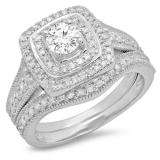 1.10 Carat (ctw) 10K White Gold Round Cut White Diamond Ladies Bridal Halo Engagement Ring With Matching Band Set