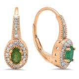0.60 Carat (Ctw) 10K Rose Gold Oval Cut Emerald & Round Cut White Diamond Ladies Halo Style Milgrain Hoop Earrings