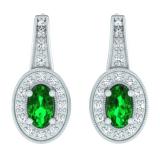 0.60 Carat (Ctw) 10K White Gold Oval Cut Emerald & Round Cut White Diamond Ladies Halo Style Milgrain Hoop Earrings