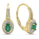 0.60 Carat (Ctw) 10K Yellow Gold Oval Cut Emerald & Round Cut White Diamond Ladies Halo Style Milgrain Hoop Earrings
