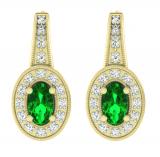 0.60 Carat (Ctw) 10K Yellow Gold Oval Cut Emerald & Round Cut White Diamond Ladies Halo Style Milgrain Hoop Earrings