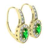 0.60 Carat (Ctw) 10K Yellow Gold Oval Cut Emerald & Round Cut White Diamond Ladies Halo Style Milgrain Hoop Earrings