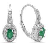 0.60 Carat (Ctw) 14K White Gold Oval Cut Emerald & Round Cut White Diamond Ladies Halo Style Milgrain Hoop Earrings