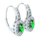 0.60 Carat (Ctw) 14K White Gold Oval Cut Emerald & Round Cut White Diamond Ladies Halo Style Milgrain Hoop Earrings