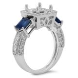 1.60 Carat (ctw) 14K White Gold Princess Cut Blue Sapphire & Round Cut White Diamond Ladies Semi Mount Engagement Bridal Ring (No Center Stone)