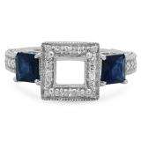 1.60 Carat (ctw) 14K White Gold Princess Cut Blue Sapphire & Round Cut White Diamond Ladies Semi Mount Engagement Bridal Ring (No Center Stone)
