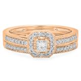 0.45 Carat (ctw) 10K Rose Gold Princess & Round White Diamond Ladies Milgrain Bridal Halo Engagement Ring With Matching Band Set 1/2 CT