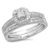 0.45 Carat (ctw) 14K White Gold Princess & Round White Diamond Ladies Milgrain Bridal Halo Engagement Ring With Matching Band Set 1/2 CT