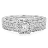 0.45 Carat (ctw) 14K White Gold Princess & Round White Diamond Ladies Milgrain Bridal Halo Engagement Ring With Matching Band Set 1/2 CT