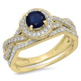 1.20 Carat (ctw) 10K Yellow Gold Round Cut Blue Sapphire & White Diamond Ladies Swirl Bridal Split Shank Halo Engagement Ring With Matching Band Set