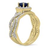 1.20 Carat (ctw) 10K Yellow Gold Round Cut Blue Sapphire & White Diamond Ladies Swirl Bridal Split Shank Halo Engagement Ring With Matching Band Set
