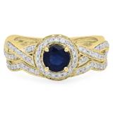 1.20 Carat (ctw) 10K Yellow Gold Round Cut Blue Sapphire & White Diamond Ladies Swirl Bridal Split Shank Halo Engagement Ring With Matching Band Set