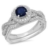 1.20 Carat (ctw) 14K White Gold Round Cut Blue Sapphire & White Diamond Ladies Swirl Bridal Split Shank Halo Engagement Ring With Matching Band Set