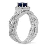 1.20 Carat (ctw) 14K White Gold Round Cut Blue Sapphire & White Diamond Ladies Swirl Bridal Split Shank Halo Engagement Ring With Matching Band Set