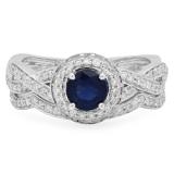 1.20 Carat (ctw) 14K White Gold Round Cut Blue Sapphire & White Diamond Ladies Swirl Bridal Split Shank Halo Engagement Ring With Matching Band Set