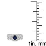1.20 Carat (ctw) 14K White Gold Round Cut Blue Sapphire & White Diamond Ladies Swirl Bridal Split Shank Halo Engagement Ring With Matching Band Set