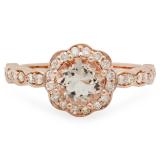 1.35 Carat (ctw) 14K Rose Gold Round Morganite & White Diamond Ladies Bridal Flower Shaped Halo Engagement Ring