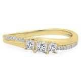 0.35 Carat (ctw) 14K Yellow Gold Princess & Round White Diamond Ladies Bridal 3 Stone Swirl Wave Engagement Ring