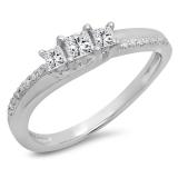 0.35 Carat (ctw) 18K White Gold Princess & Round White Diamond Ladies Bridal 3 Stone Swirl Wave Engagement Ring