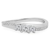 0.35 Carat (ctw) 18K White Gold Princess & Round White Diamond Ladies Bridal 3 Stone Swirl Wave Engagement Ring
