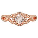 0.75 Carat (Ctw) 10K Rose Gold Round Morganite & White Diamond Ladies Swirl Split Shank Bridal Halo Engagement Ring