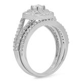 1.00 Carat (ctw) 10K White Gold Round Cut White Diamond Ladies Bridal Split Shank Halo Engagement Ring With Matching Band Set 1 CT