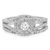1.00 Carat (ctw) 10K White Gold Round Cut White Diamond Ladies Bridal Split Shank Halo Engagement Ring With Matching Band Set 1 CT