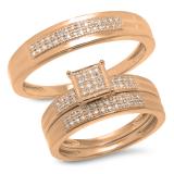 0.25 Carat (ctw) 10K Rose Gold White Diamond Men's & Women's Micro Pave Engagement Ring Trio Bridal Set