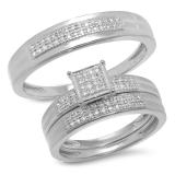 0.25 Carat (ctw) 10K White Gold White Diamond Men's & Women's Micro Pave Engagement Ring Trio Bridal Set