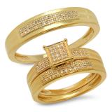0.25 Carat (ctw) 10K Yellow Gold White Diamond Men's & Women's Micro Pave Engagement Ring Trio Bridal Set