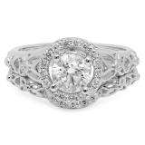 1.15 Carat (ctw) 14K White Gold Round White Diamond Ladies Bridal Vintage Style Halo Engagement Ring With Matching Band Set