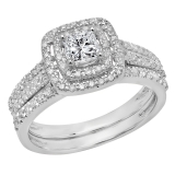 0.95 Carat (ctw) 10K White Gold Princess & Round White Diamond Ladies Halo Style Bridal Engagement Ring Matching Band Set 1 CT