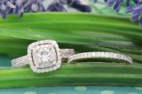 0.95 Carat (ctw) 10K White Gold Princess & Round White Diamond Ladies Halo Style Bridal Engagement Ring Matching Band Set 1 CT