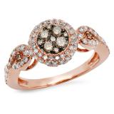 0.95 Carat (ctw) 10K Rose Gold Round Champagne & White Diamond Ladies Swirl Split Shank Cluster Engagement Ring 1 CT
