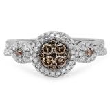 0.95 Carat (ctw) 10K White Gold Round Champagne & White Diamond Ladies Swirl Split Shank Cluster Engagement Ring 1 CT