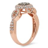 0.95 Carat (ctw) 18K Rose Gold Round Champagne & White Diamond Ladies Swirl Split Shank Cluster Engagement Ring 1 CT