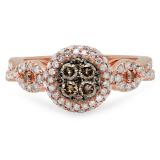 0.95 Carat (ctw) 18K Rose Gold Round Champagne & White Diamond Ladies Swirl Split Shank Cluster Engagement Ring 1 CT
