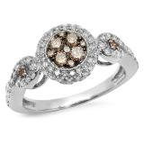 0.95 Carat (ctw) 18K White Gold Round Champagne & White Diamond Ladies Swirl Split Shank Cluster Engagement Ring 1 CT
