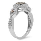 0.95 Carat (ctw) 18K White Gold Round Champagne & White Diamond Ladies Swirl Split Shank Cluster Engagement Ring 1 CT