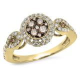 0.95 Carat (ctw) 18K Yellow Gold Round Champagne & White Diamond Ladies Swirl Split Shank Cluster Engagement Ring 1 CT